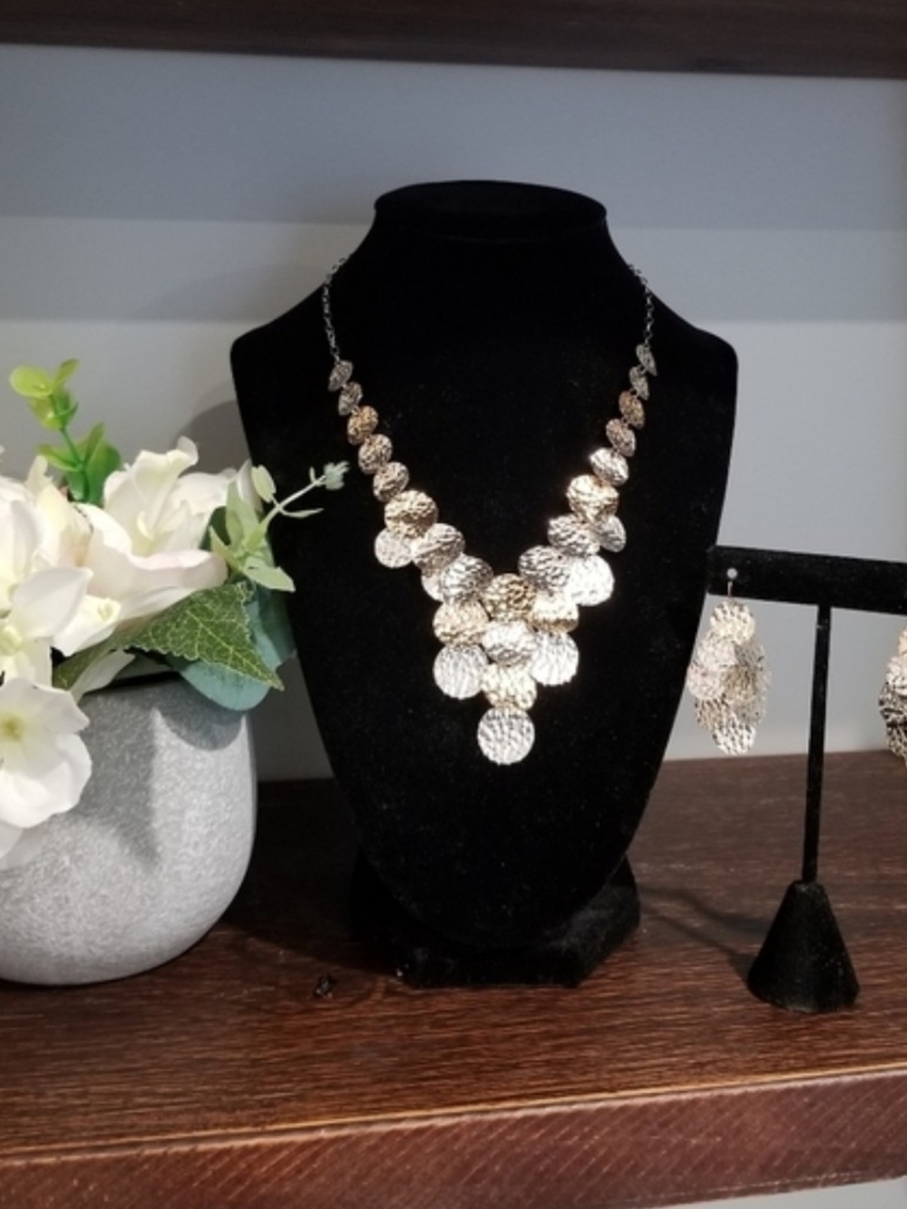 10 Kt Yellow gold and .925 SS Textured Disc Statement Necklace and Earring Set